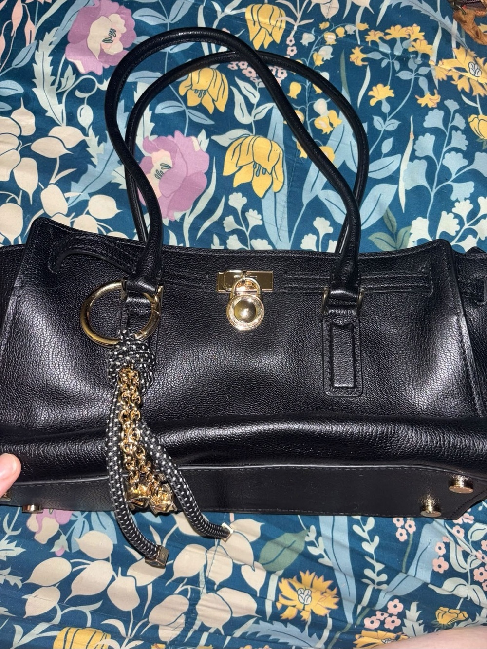 Michael Kors-Black Leather Satchel with Gold Hardware and Chain Tassel